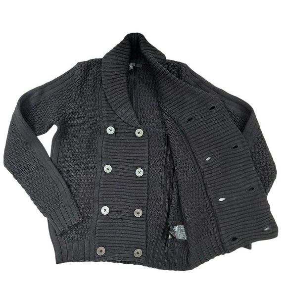 Guess Womens Waffle Knit Sweater Small Black Button Up Shawl Collar Long Sleeve - Picture 4 of 10